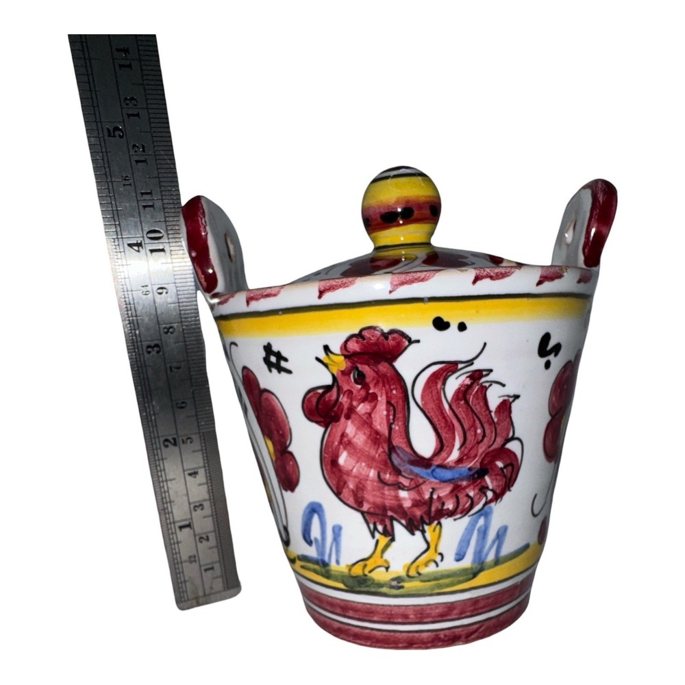 Vintage Deruta Italian Majolica Red Rooster Covered Sugar Bowl Pottery Italy